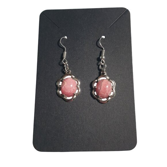 Pink Gemstone Drop Earrings Silver Tone Hook Pierced Dangle Floral Design Handcr - Picture 1 of 4